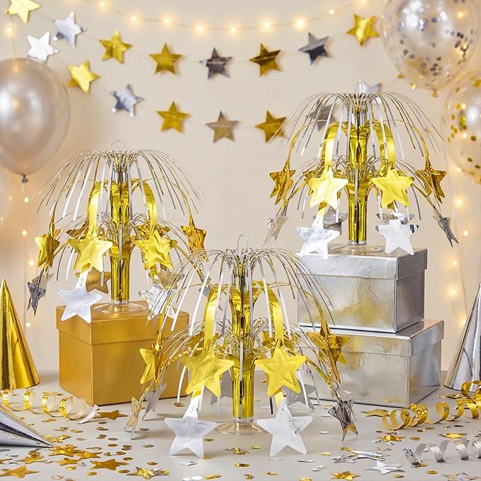 6 Pcs Gold and Silver Centerpieces for Tables Star Party Decorations Metallic Foil Spray Centerpieces for Graduation Birthday Event Photo Booth Props, 8.7 Inch Tall