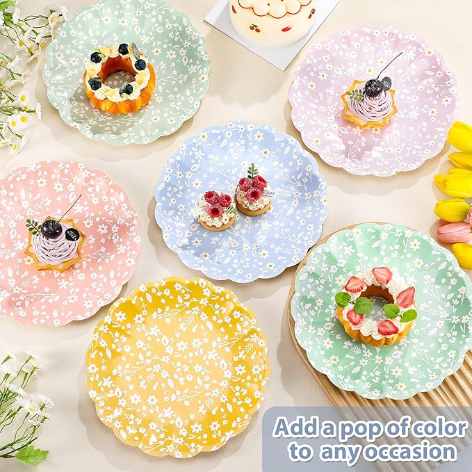 Yungyan 30 Pcs Ditsy Floral Paper Plates - 9.5'' Ditsy Scalloped Disposable Party Paper Plates Rainbow Scalloped Dessert Tableware for Christmas Winter Wedding Birthday Baby Shower Party Supplies