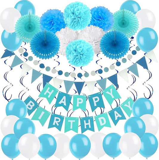 ZERODECO Birthday Decoration Set - Happy Birthday Banner with Fans, Pom Poms, Swirls and Balloons - Blue, Sky Blue and White