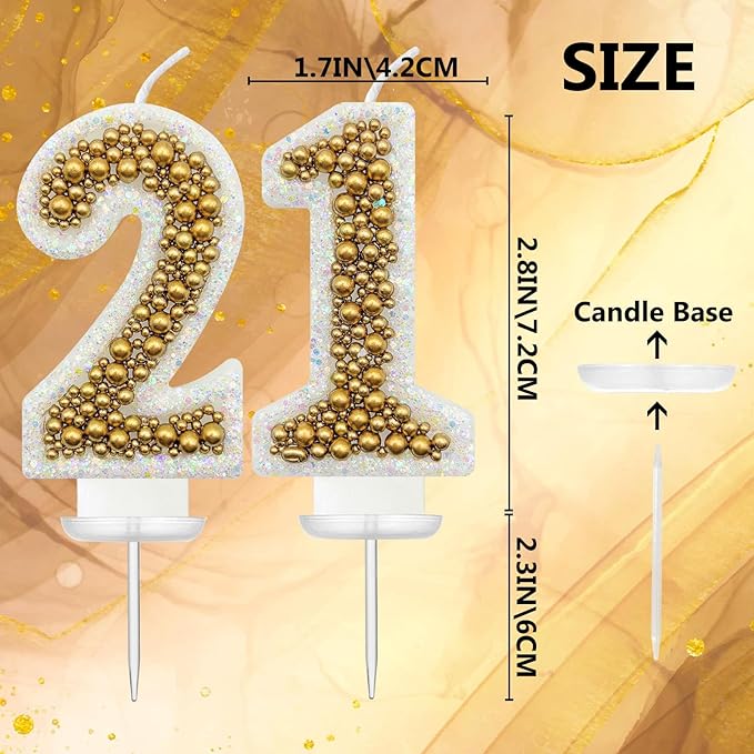 21 Birthday Number Candle for Cake, Glitter Number Candle with Gold Beads, Decorative Cake Topper for Milestone Celebrations