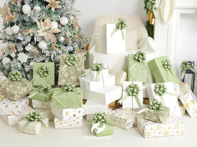 HUIHUANG Sage Green Bows for Gift Wrapping 12 PCS Satin Pull Bows 4" x 8" Dusty Sage Gift Bow for Presents, Gift Basket, Paper Bag, Wrapping Accessories, Bridal Shower Wedding Favors