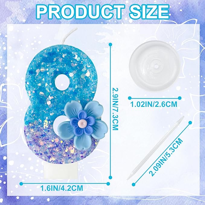 Blue Purple Flower Birthday Number Candles, Flower Theme Party Decorations, Cupcake Decorations, Suitable for Party Celebrations, Boys and Girls Birthday Decorations（8）