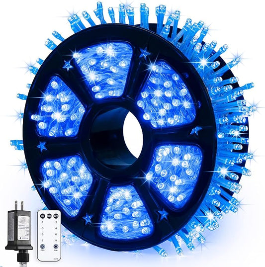 JMEXSUSS 600 Blue LED Christmas Lights Outdoor Waterproof 168ft Blue String Tree Lights Indoor Plug in 8 Modes for Bedroom Fireplace Halloween Party Xmas Christmas Decorations