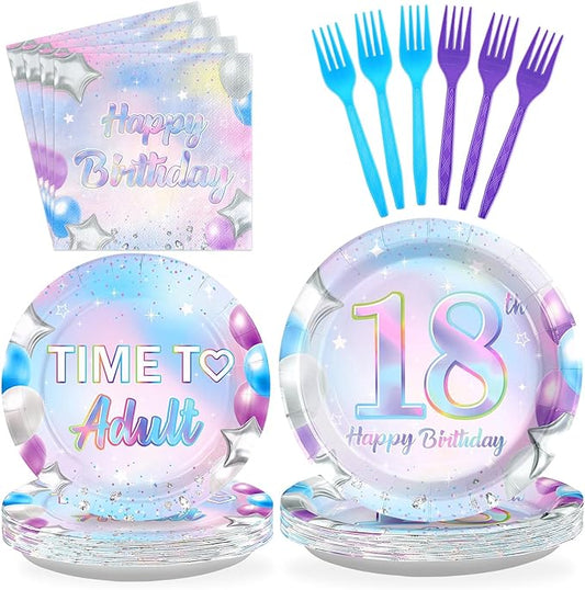 Grencian 96Pcs 18th Birthday Decorations Iridescent 18th Birthday Party Plates Disposable Happy 18 Bir-thday Paper Tableware Set for Teen Girls 18 Years Old Party Supplies Serves 24