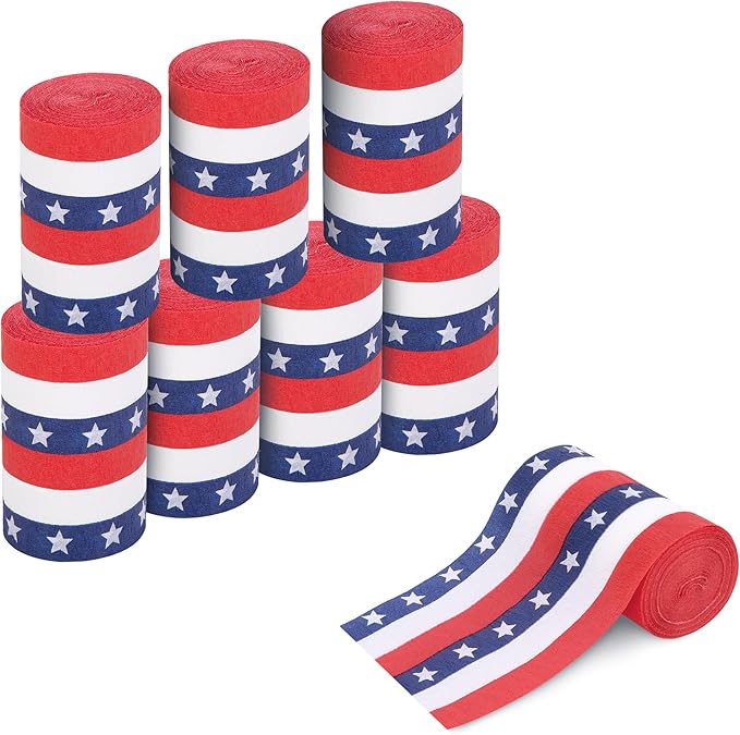 Tlswshsy 8 Rolls Patriotic Crepe Paper Streamers, 262 ft Red White Blue Crepe Rolls, Independence Day Paper Streamer Decoration for 4th of July Memorial Day American Theme Party Decor DIY Crafts