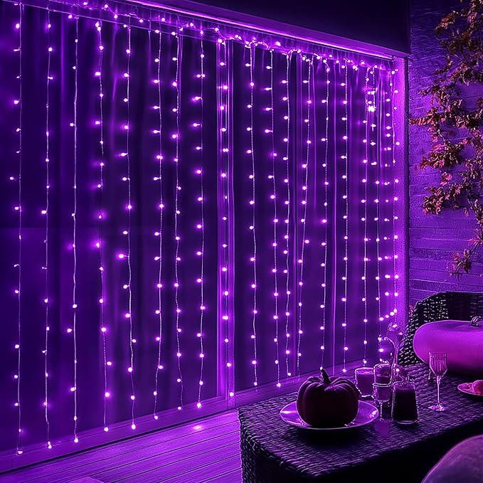 Dazzle Bright 300 LED Christmas Curtain String Lights, Halloween Fairy Lights for Bedroom with 8 Lighting Modes, Waterproof Window Light Party Wedding Garden Wall Decor, Purple