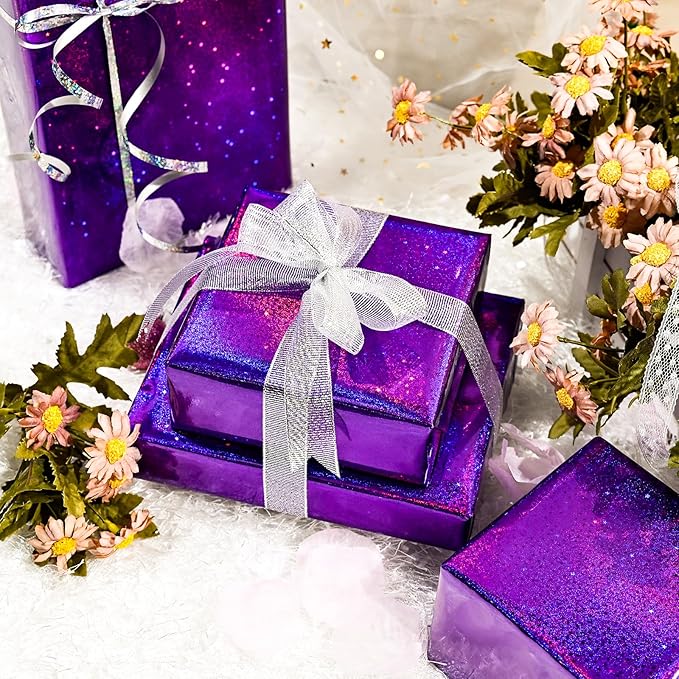 Burymento Purple Wrapping Paper Roll, Metallic Holographic Star Gift Wrap for Birthday, Valentines, Mothers day, Graduation, Wedding, Fathers day, Baby Shower, Christmas (17 IN x 32.8 FT)