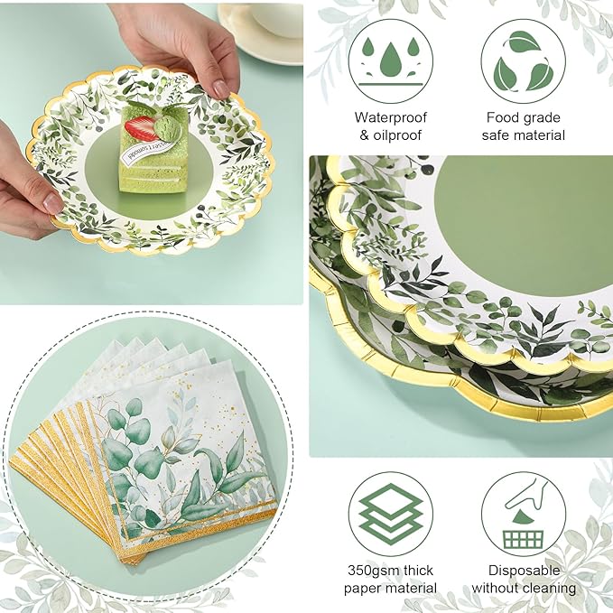144 Pcs 48 Guests Sage Green Party Plates and Napkins Scalloped Green Eucalyptus Paper Plates Napkins Disposable Tableware for Birthday Bridal Baby Shower Wedding Decorations Party Supplies