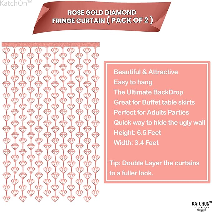 KatchOn, Rose Gold Diamond Foil Curtains - Pack of 2 | Diamonds Backdrop Curtains | Denim and Diamond Party Decorations | Rose Gold Backdrop for Anniversary, Birthday, Bachelorette Party Decorations