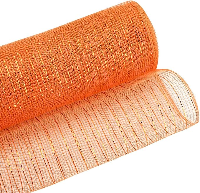 3 Rolls Orange Gold Green Deco Mesh Ribbon for Wreath Making Supplies, 10 Inch x 30FT Metallic Foil Burlap Deco Mesh Fabric for Fall Thanksgiving Halloween Door Wreath Swags and Decorating