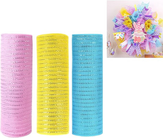 3 Rolls Pink Yellow Blue Deco Mesh Ribbon for Wreath Making Supplies, 10 Inch x 30FT Metallic Foil Burlap Deco Mesh Fabric for Spring Easter Christmas Door Wreath Swags and Decorating