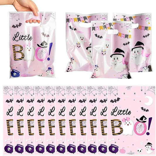 Haooryx Little Boo Party Favor Bags - 50Pcs Pink Little Boo Theme Plastic Candy Gift Bag Birthday Gift Warp Goodie Treat Bags for Halloween Party Kids Theme Birthday Baby Shower Party Favors Supplies