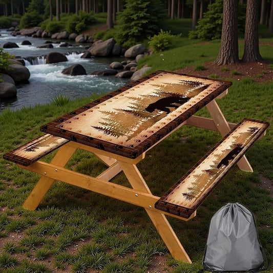 30X72 Inch Brown Bear Picnic Table Cover with Bench Cover and Drawstring Bag, Waterproof Washable Fitted Outdoor Tablecloth Rectangular Elastic Edged for Camping Outdoor Travel, 3 Pieces Set