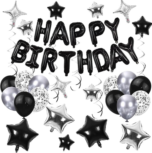 56 PCS Happy Birthday Balloons Happy Birthday Banner Silver and Black Balloons for Boys Men Girls Women 16th 18th 20th 21st 25th 30th 40th 50th 60th Birthday Party Decorations (Black)