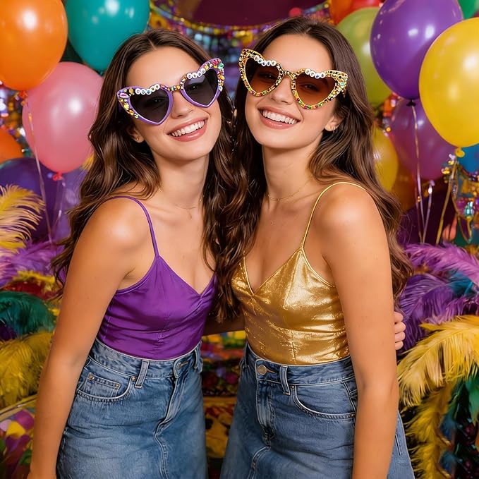 3 PCS Carnival Sunglasses for Women,Purple Yellow Black Beads Heart Sunglasses,Heart Shaped Glasses for Carnival Outfit Accessory Party Decorations,Carnival Party Favors