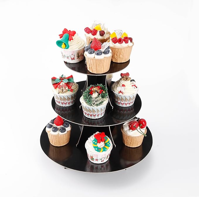 YLDW Cupcake Stand 2Pcs, 3-Tier Cupcake Stand Display, Cardboard Cup Cake Tower Stand, Disposable Dessert Stand for Birthday Tea Party Baby Shower Treat Decorations, Black