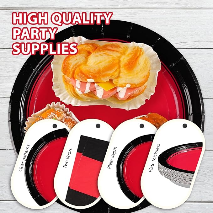 Grencian 200Pcs Red and Black Party Decorations Graduation Red and Black Plates and Napkins Disposable Stranger Tableware Set for Congrats Grad Fiesta Holiday Birthday Wedding Party Supplies Serves 50