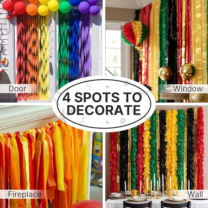 PartyWoo Crepe Paper Streamers 6 Rolls 492ft, Pack of Metallic Gold Black Green Red Yellow Crepe Paper Streamers, Crepe Paper for Black History Month Party Decorations (1.8 in x 82 Ft/Roll)