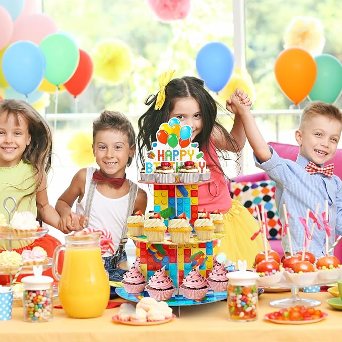 Building Block Cupcake Stand 3 Tier Birthday Party Supplies for Kids Adults Colorful Blocks Construction Cupcake Holder Brick Cake Stand Cardboard Dessert Tower Topper Cake Decorations