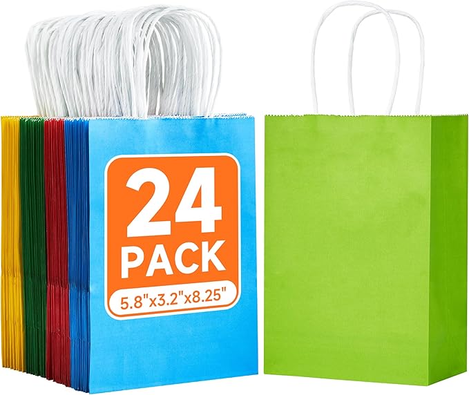 METAPRINT 24 Pcs Rainbow Paper Gift Bags with Handles in Bulk, 5.8x3.2x8.25 inch Small Kraft Paper Bags for Birthdays, Party Favors, Wedding (6 Colors)
