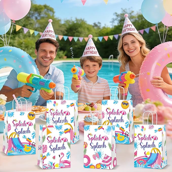12Pcs Splish Splash Party Paper Bags Splish Splash Birthday Decorations Water Slide Kraft Gift Bags with Handles Pool Birthday Paper Candy Treat Bag for Kids Swimming Bash Hawaiian Luau Party Supplies