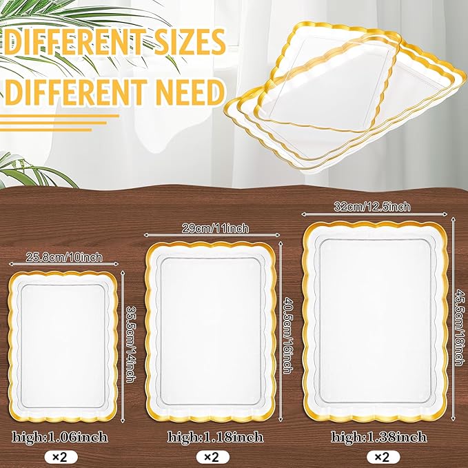 Rtteri 6 Pcs Clear Plastic Serving Trays with Gold Trim, 14 x 10, 16 x 11, 18 x 12. 5 Rectangular Acrylic Wave Serving Platters, Reusable Transparent Fruit, Appetizer Trays for Party, Wedding