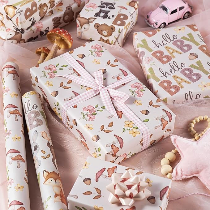WRAPAHOLIC Kraft Baby Shower Wrapping Paper - Mini Roll - 3 Rolls - 17 Inch x 120 Inch - Little Woodland Animal Wrapping Paper for Baby Shower, Kids Girls Boys Birthday