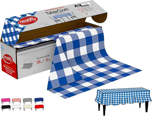 Neatiffy Disposable Plastic Table Cloth Roll | 54 in x 108 Ft Waterproof Tablecloth | Table Cover for Rectangle, Square, Round Oval Tables | Picnic, Party, Banquet, Birthdays, Weddings - Blue Gingham