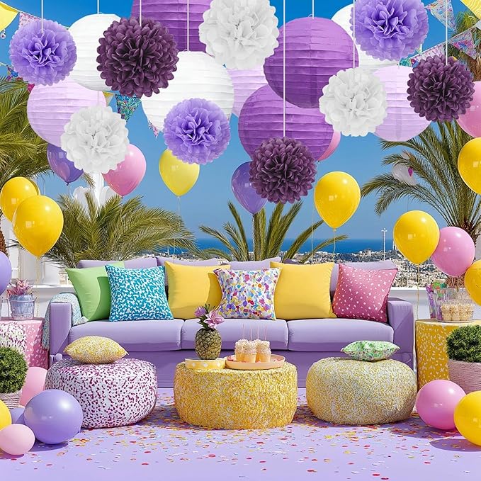 18 PCS Purple White Paper Lanterns & Tissue Paper Pom Poms for Women Birthday, Baby Shower, Wedding, Bridal Shower, Hanging Paper Decor for Graduation Theme Party Supplies