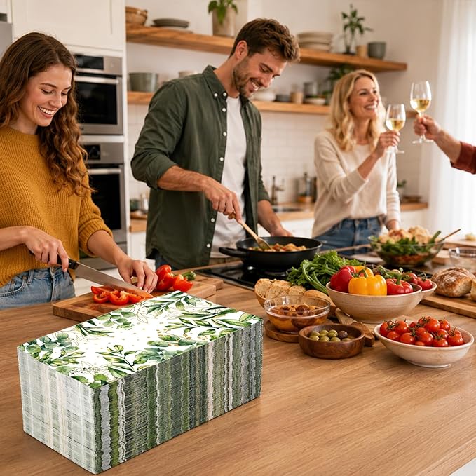 Greenery Paper Napkins, 200 Pcs Green Napkins Disposable, Green Guest Eucalyptus Leaf Decorative Dinner Napkin Paper Hand Towels for Bathroom Wedding Birthday Graduation Spring Party Decor Supplies