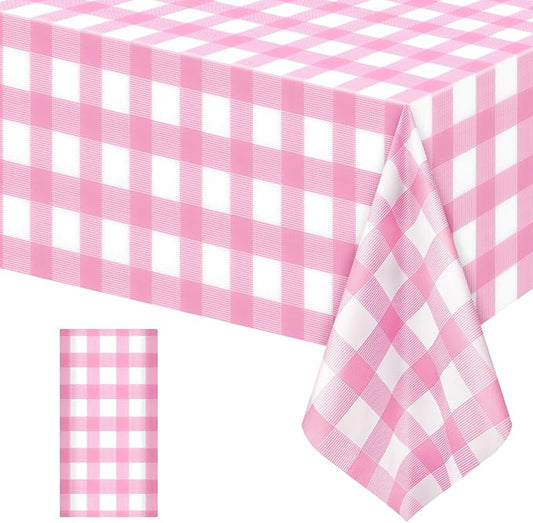 1 Pack Pink Striped Gingham Tablecloths, 54 x 108 Inch Disposable Plastic Rectangle Table Covers, Waterproof Pink and White Checkered Pink Table Cloths for Picnic, Birthday, Party, Outdoor Events