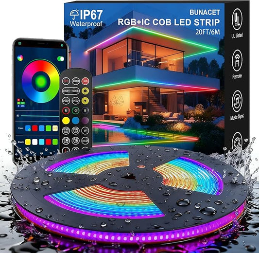 20FT COB RGB+IC LED Strip Lights, IP67 Outdoor 24V RGB LED Lights for Bedroom with Remote Smart App Button Controller Music Sync Color Changing for Garden Outdoor Decor Pool Patio Party DIY Decoration