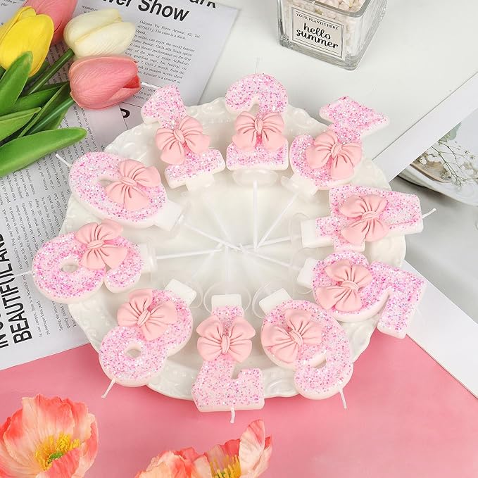 Pink Bow Number 6 Birthday Candle, Glittering Candles Birthday Cake Topper, Princess Themed Party Decor for Girls and Women Anniversary Party Supplies