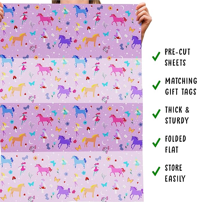 CENTRAL 23 - Fairies and Unicorn Wrapping Paper - 6 Sheets of Mystical Gift Wrap for Girls - Cute Butterfly and Flowers for Her - Pink Purple Birthday Giftwrap - Recyclable