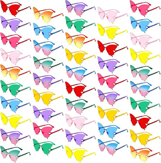 SUNOVELTIES 24/48 Pack Colored Party Glasses Bulk Butterfly Rimless Sunglasses Irregular Transparent Fun Glasses for Adult