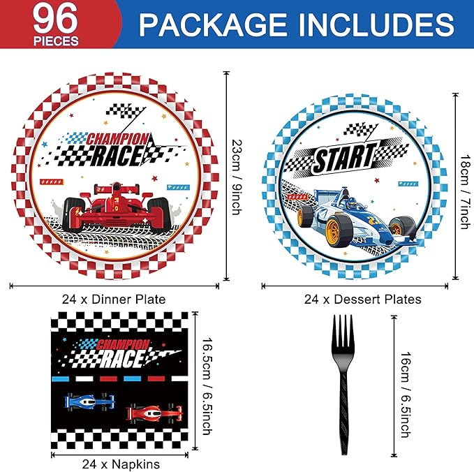 96 Pcs Racing Car Party Supplies Decorations, Checked Race Car Track Paper Plates and Napkins Party Supplies Disposable Tableware Dinnerware for Boys/Kids/Men Birthday Party, Serves 24