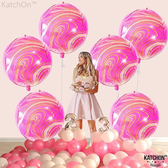KatchOn, Big 22 Inch Pink Marble Balloons - Pack of 6 | Agate Pink Balloons For Valentines Decorations | Hot Pink and Orange Balloon for Graduation Decoration | Orange and Pink Mylar Balloon
