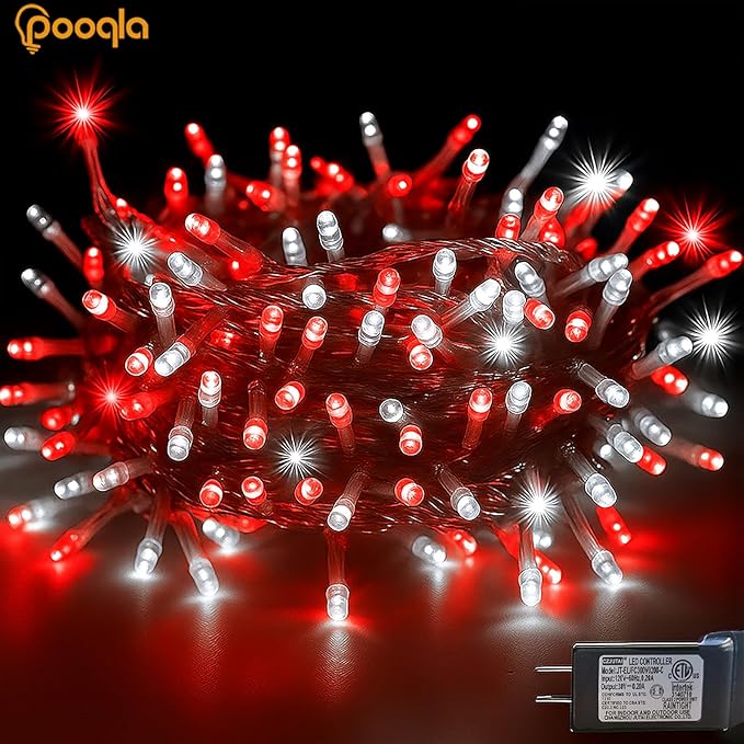 Christmas String Lights, 66 ft 200 LED Christmas Lights Plug in, Indoor Outdoor Connectable 8 Modes Clear Wire Twinkle Fairy String Lights for Xmas Tree Wedding Bedroom Party, Red and White