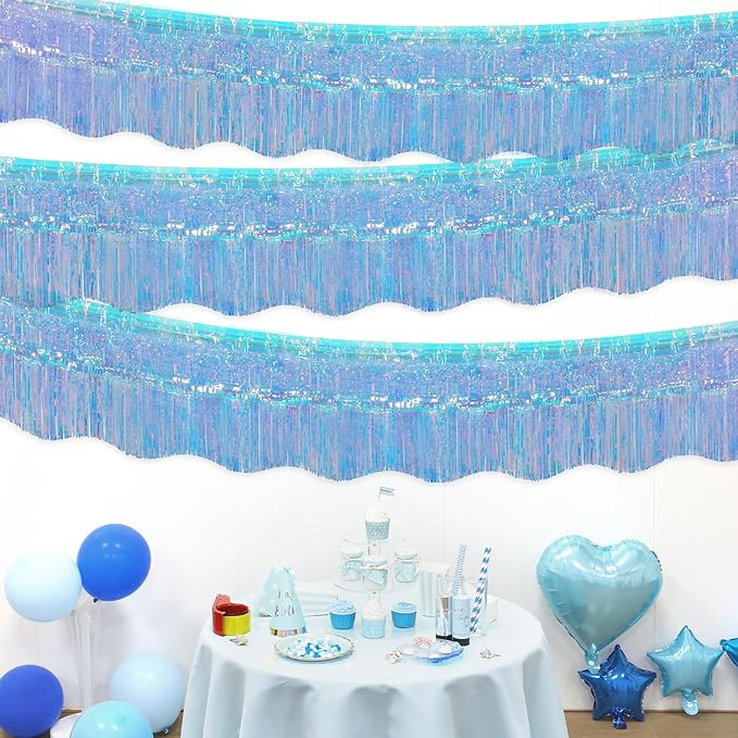 LOLStar 6 Pack Iridescent Blue Tinsel Foil Fringe Garland Birthday Party Decorations, 59Ft Tinsel Streamers Banner, Glitter Photo Booth Prop Table Skirt for Mermaid Frozen Sea Euphoria Party Decor