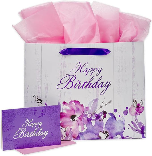 Christian Art Gifts Three Piece Landscape Gift Bag w/Card & Tissue Paper Set for Women: Happy Birthday - White & Purple Blooming Spring & Summer Floral for Moms, Grandmas, Sisters, Girlfriends, Large