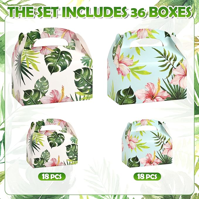 DjinnGlory 36 Pack Hawaiian Luau Party Favor Treat Boxes, Gable Boxes for Wedding, Bridal Shower, Annivesary Parties, All Occasion and Small Bussiness 6.18x3.58x3.39 Inches (Tropical Palm Leaf)