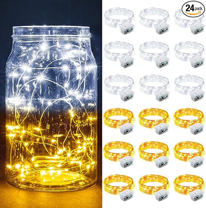 24 Pack Fairy Lights 7Ft 20 LED Twinkle String Lights 3 Modes Battery Operated Waterproof Firefly Starry for Mason Jar Party Wedding Christmas Valentines Day Table Centerpieces,Warm White + White
