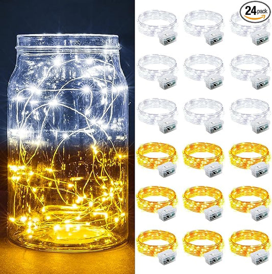 24 Pack Fairy Lights 7Ft 20 LED Twinkle String Lights 3 Modes Battery Operated Waterproof Firefly Starry for Mason Jar Party Wedding Christmas Valentines Day Table Centerpieces,Warm White + White
