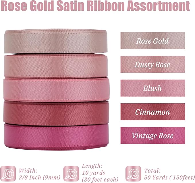 MAYREEL Rose Gold Ribbon 3/8 Inch Thin Dusty Pink Ribbon for Valentine's Day Crafts Wedding Bouquet 5 Rolls 10 Yards Each Total 50 Yards