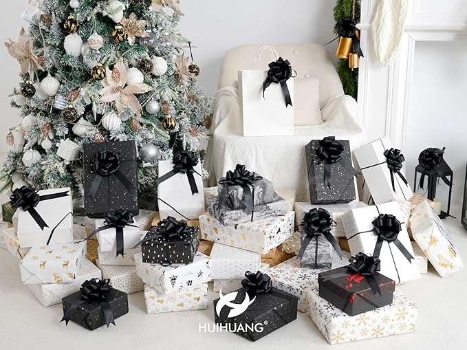 HUIHUANG Black Bows for Gift Wrapping 12 PCS Black Satin Pull Bows 4 inch Gift Bow for Presents, Gift Basket, Paper Bag, Wrapping Accessories, Birthday Wedding Party, Christmas Decor