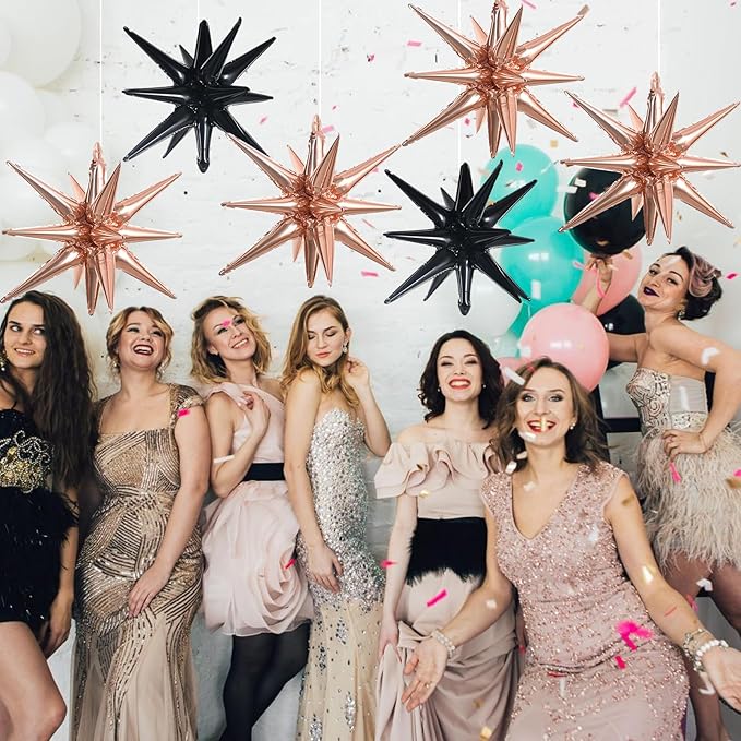 TONIFUL 8 Pcs Black Rose Gold Foil Balloons Large Star Balloons Explosion Star Mylar Balloons for Party Backdrop Christmas New Year Birthday Wedding Baby Shower Anniversary Photo Booth Supplies