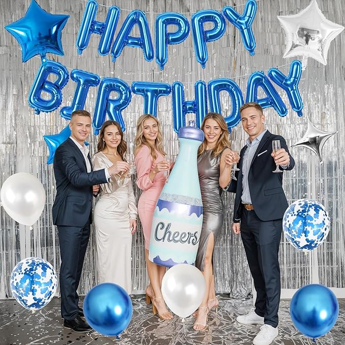 Happy Birthday Balloon Banner Blue Silver, 16 Inch Mylar Foil Letter Balloons, Reusable Birthday Decorations with Blue and Silver Balloons, Inflatable Party Supplies for Women Men Boys Girls Decor