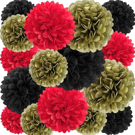 18 PCS Tissue Paper Pom Poms, Tissue Pom Poms Flowers, Sizes of 6", 10", 12", 14" Hanging Paper Flower Ball for Wedding, Birthday, Halloween, Christmas, Baby Shower Party Decor (Red Black Gold)