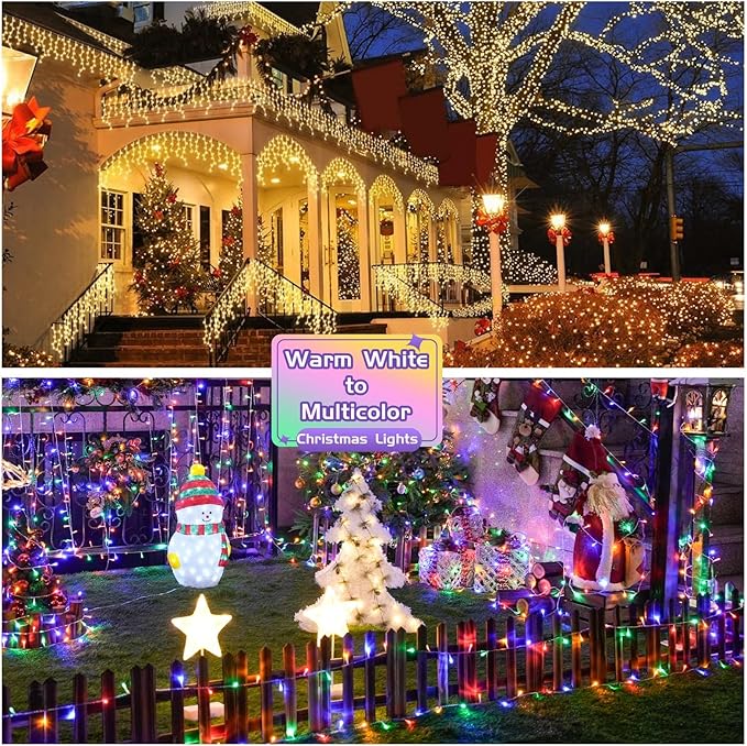 JMEXSUSS 200 LED Christmas String Lights Outdoor Waterproof, 66ft Color Changing String Lights Plug in, Warm White & Multicolor Christmas Lights for Trees Yard Wedding Xmas Party