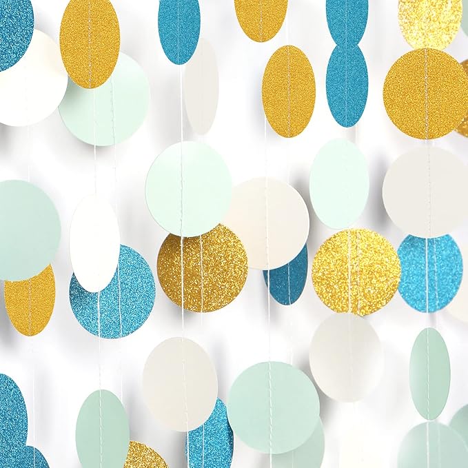 Teal-Blue Mint Ivory-Gold Party-Decorations Streamers Garland - 52Ft Hanging Paper Banner, Birthday Wedding Engagement Bridal Baby Shower Bachelorette Decor Banners Lasting Surprise